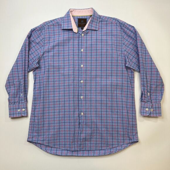 Tattersall Dress Shirt Mens 17 Blue Plaid Long Sleeve 100 Cotton 22" Arm Length - Picture 2 of 9